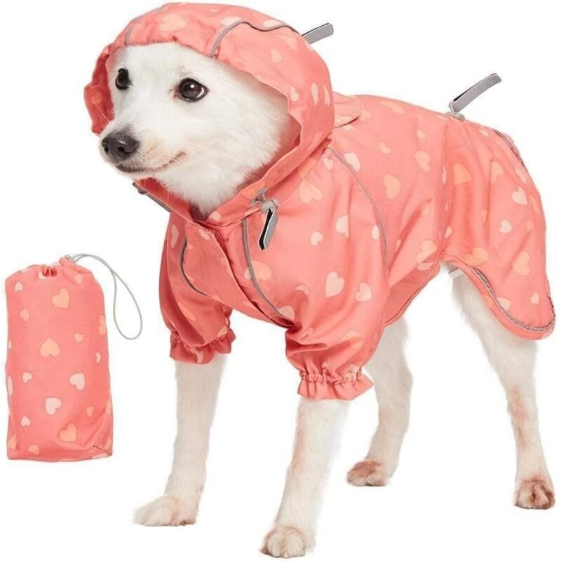 12" Heart Prints Lightweight Reflective Waterproof Dog Raincoat with Hood & Harness Hole, Pink, Outdoor Rain Gear Jacket 2 Legs for Dogs