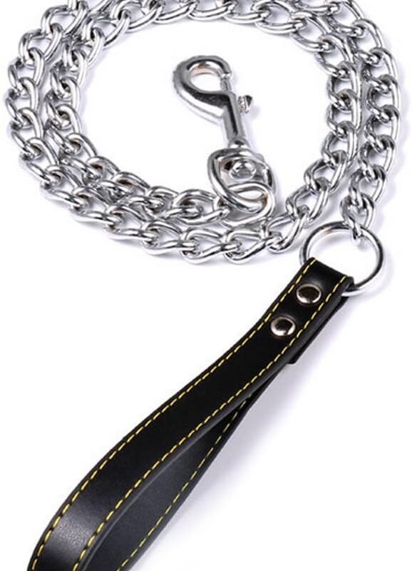 Chain Dog Leash with Leather Handle 4 Feet Black