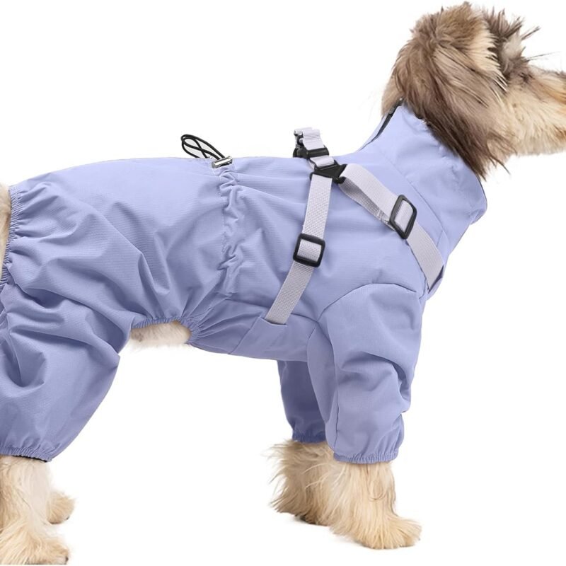 Dog Raincoat for Small Dogs, Small Dog Rain Jacket with Harness Built in, Waterproof 4 Legs Puppy Raincoats, Puppy Outdoor Jacket with Reflective Strip, Purple, XL