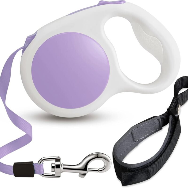 Lavender Purple Retractable Dog Leash 10 ft for Small and Medium Dogs or Cats, Match with A Gray Dog Leash Wrist Strap for Hands Free, One Button Brake, Pause, Lock by
