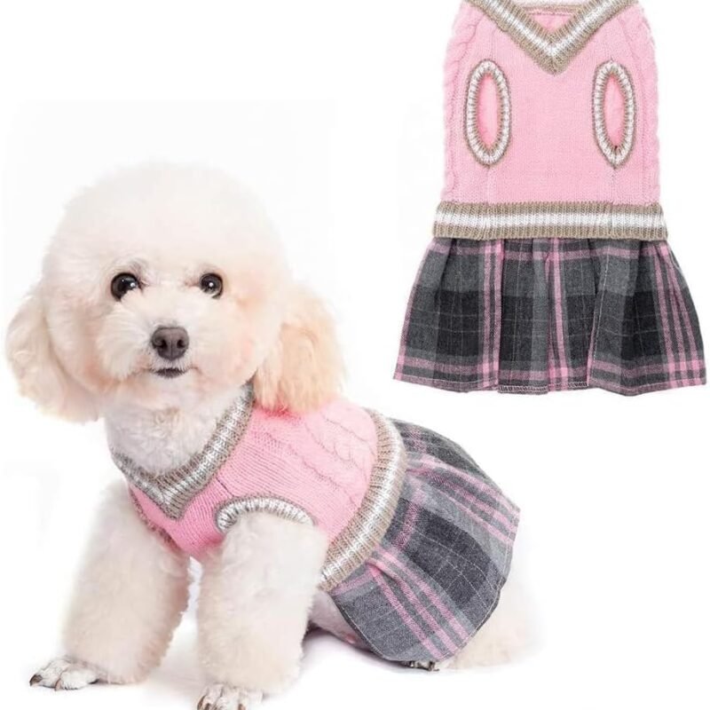 Dog Sweater Dress Plaid for Small Medium Dogs Girl,Dog Winter Clothes Warm Pullover with Leash Hole,V-Neck Knitwear Pet Sweater Puppy Clothes Cat Knitted Dress One-Piece Dress Pink