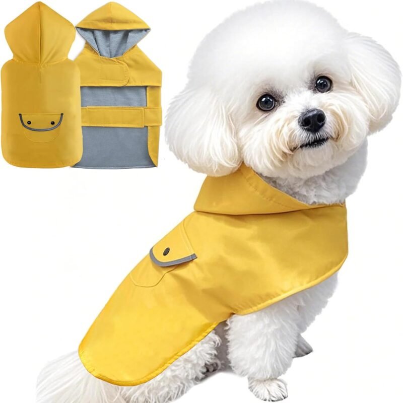 Small Dog Raincoat Dogs Rain Jacket Waterproof Pet Clothes Reflective Poncho Rainwear Winter Warm Lined Pocket Hooded Leash Hole Adjustable for Puppy,Yellow,S,Back Length 8.6 Inch