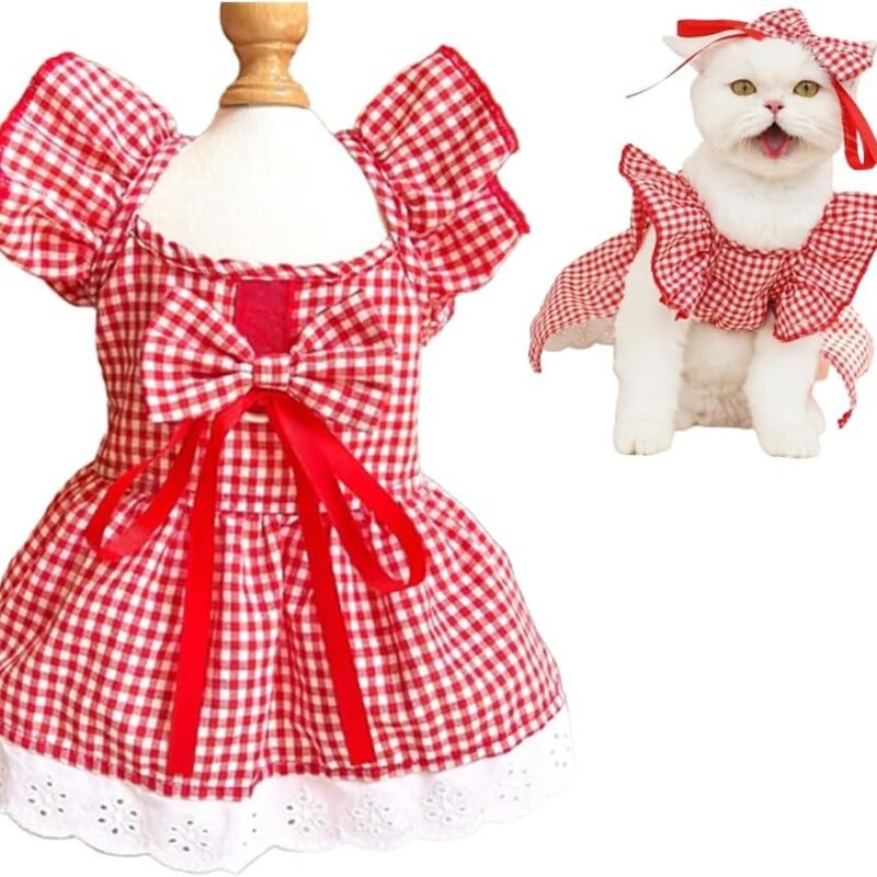Plaid Dog Dress with Leash Ring - Girl Dog Clothes for Small Dog, Cat, Puppy - Red, Bow Decor - Holiday, Pomeranian, Yorkie, Dachshund, Chihuahua (Small)