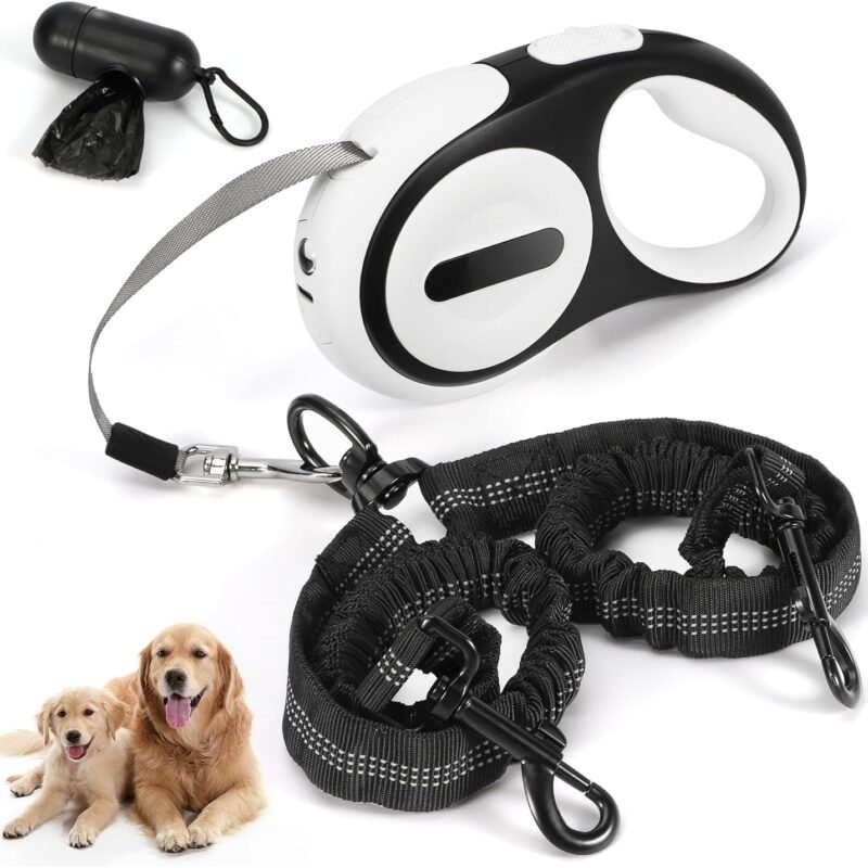 Double Retractable Dog Leash for 2 Large Dogs (Up to 143 Lbs Each), 2 Headed Pet Leash with Poop Bags and Rechargeable LED Light - Tangle-Free Swivel - One Button Break & Lock (White, Large)