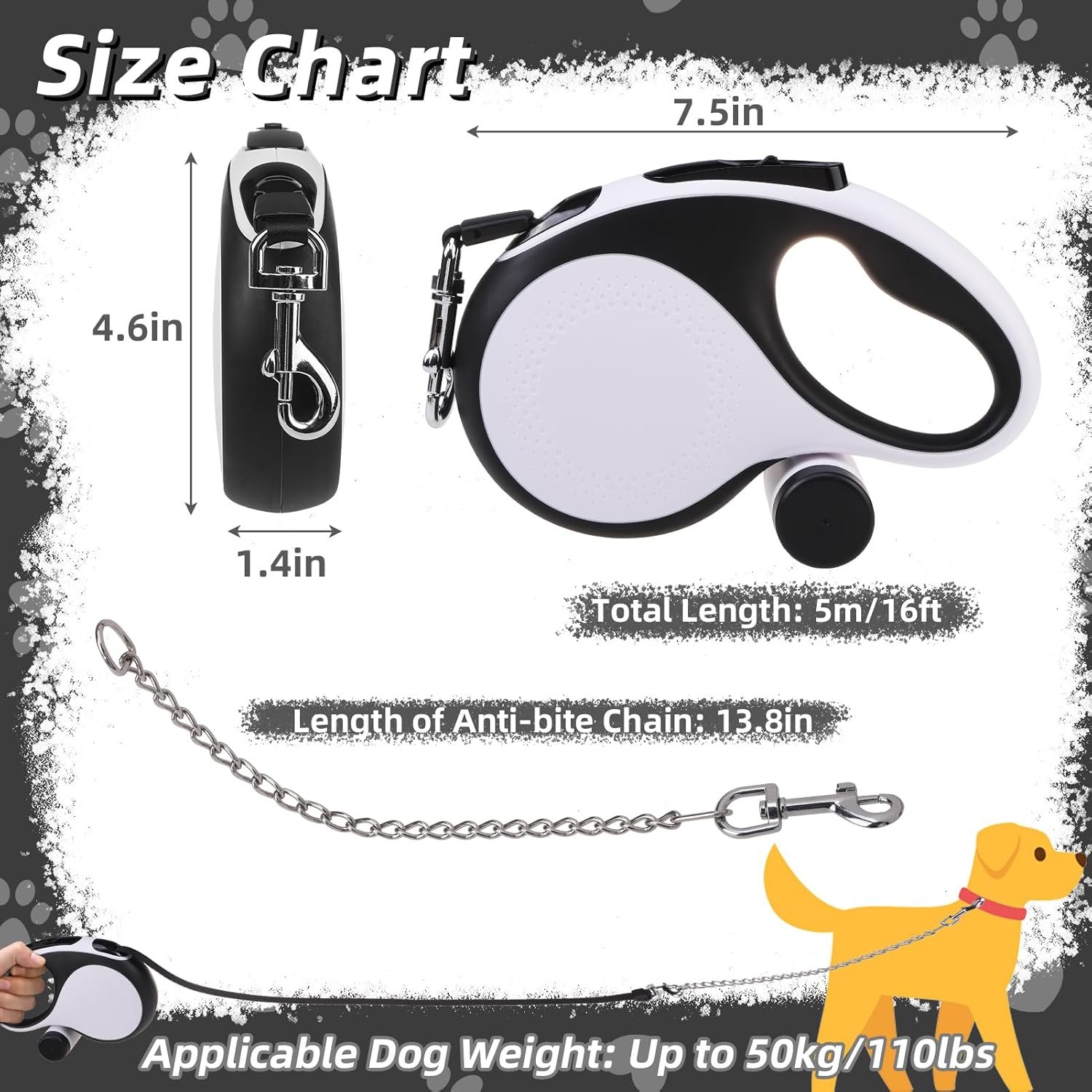 Retractable Dog Leash with Chew Proof Chain, 360 Tangle-Free Walking Leash for Small to Large Dogs, Heavy Duty up to 110lbs, 16ft Strong Nylon, One-Hand Brake White - Image 2