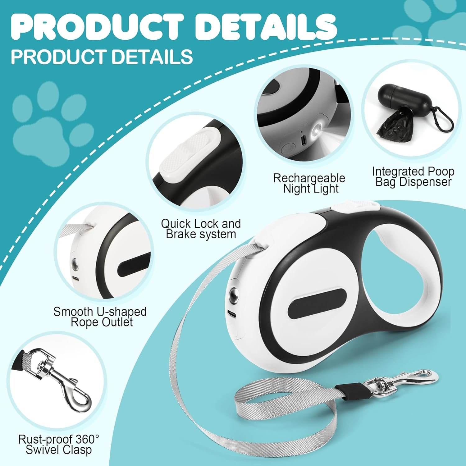 Double Retractable Dog Leash for 2 Large Dogs (Up to 143 Lbs Each), 2 Headed Pet Leash with Poop Bags and Rechargeable LED Light - Tangle-Free Swivel - One Button Break & Lock (White, Large) - Image 2