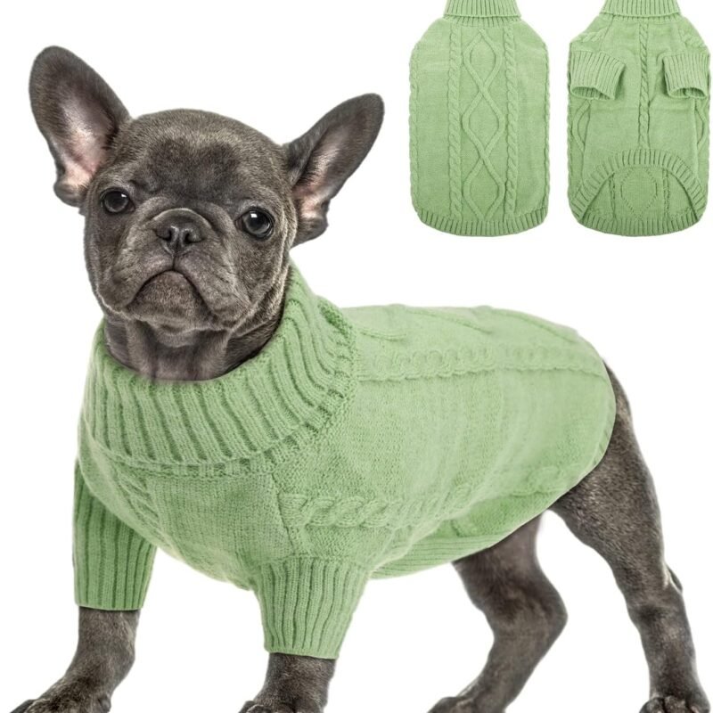 Small Dog Pullover Sweater, Cold Weather Cable Knitwear, Classic Turtleneck Thick Warm Clothes for Chihuahua, Bulldog, Dachshund, Pug, Yorkie (Green, Small)