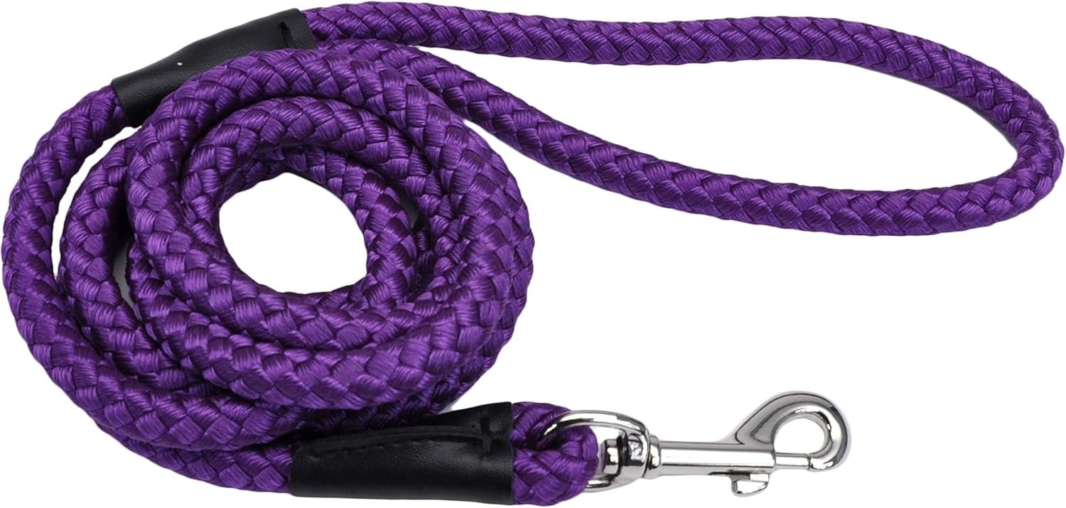 Pet Rope Dog Leash - Tangle-Free Walking - Soft-Braided Nylon - Fade-Resistant Colors with Snap Swivel Hook - Purple, 1/2" x 06'
