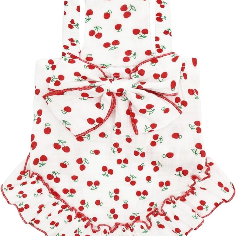 Cute Sleeveless Slip Dog Dress with Bow – Soft Cotton Gauze Pet Puppy Sundress with Ruffled Skirt for Small Medium Dogs, Cherry Print Outfit Clothes for Daily Walk, Birthday, Party