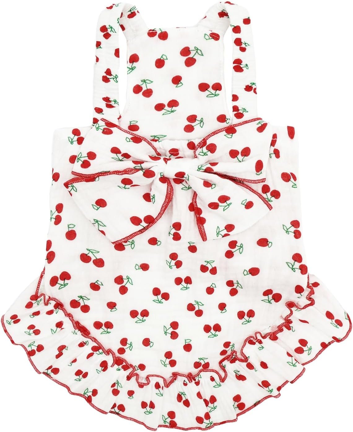 Cute Sleeveless Slip Dog Dress with Bow – Soft Cotton Gauze Pet Puppy Sundress with Ruffled Skirt for Small Medium Dogs, Cherry Print Outfit Clothes for Daily Walk, Birthday, Party