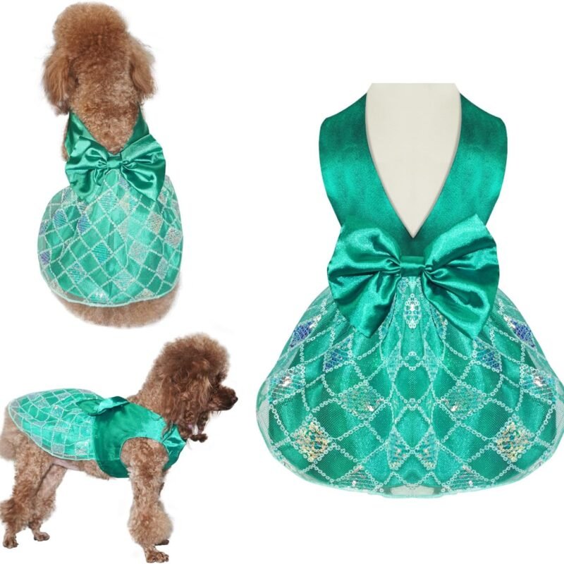 Dog Dresses, Puppy Tutu Dress with Bow Tie, Doggy Birthay Skirt, Dogs Wedding Clothes with Sequin, Breathable Pet Dress for Small Dog Girl, Green S