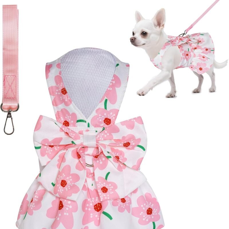 Dog Pink Floral Bowknot Dress Cute Puppy Dress Pet Outfits for Puppy Cat Spring Summer