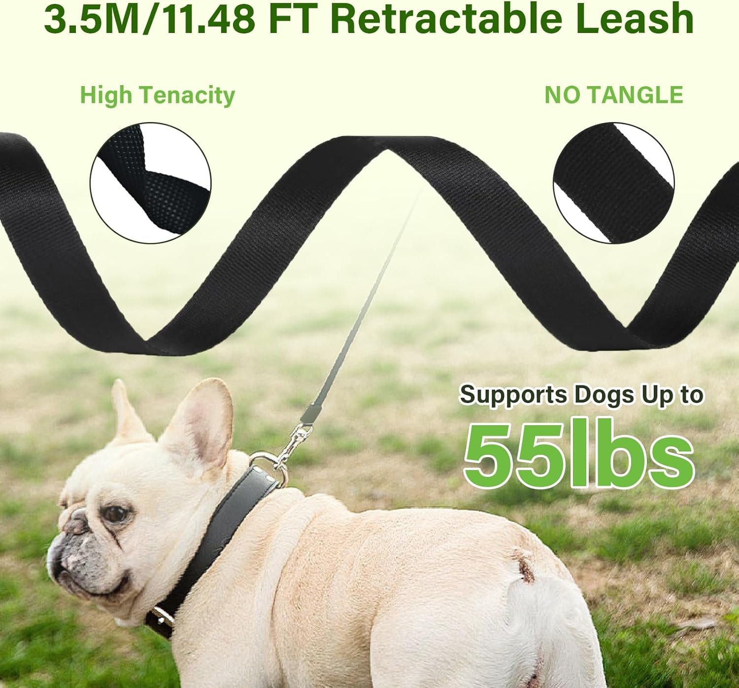 Retractable Dog Leash, 11.5 FT Retractable Leash for Dogs 0-55 lbs, One-Handed Lock, 360°Tangle-Free Strong Reflective Nylon Tape, Perfect for Medium Large Dogs, Green - Image 2
