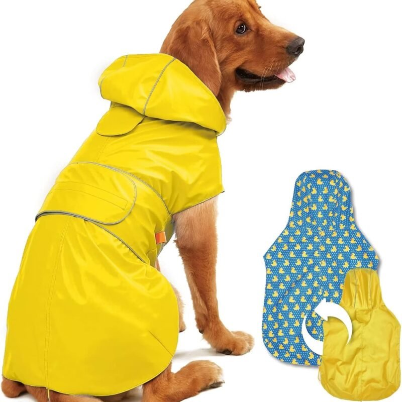 Dog Raincoat Reversible, Single Side Slicker Poncho Adjustable Waterproof Dog Rain Jacket with Leash Hole/Reflective Stripe Hooded Snowproof Windproof Clothes for Small to 3X-Large Dogs, S