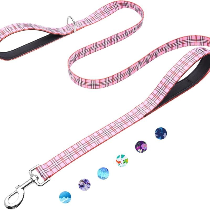 6ft Dog Leash with Two Padded Handles, Heavy Duty Strong Nylon Pet Leash with Soft Neoprene Handle for Small Medium Large Dogs, Pink Plaid