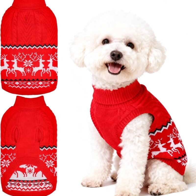 Christmas Dog Sweater for Small Dogs,Classic Reindeer Knitwear Xmas Dog Clothes Holiday Outfit,Soft Warm Winter Pet Puppy Cat Sweaters Coats with Leash Hole Indoor Outdoor Walking(Red,S)