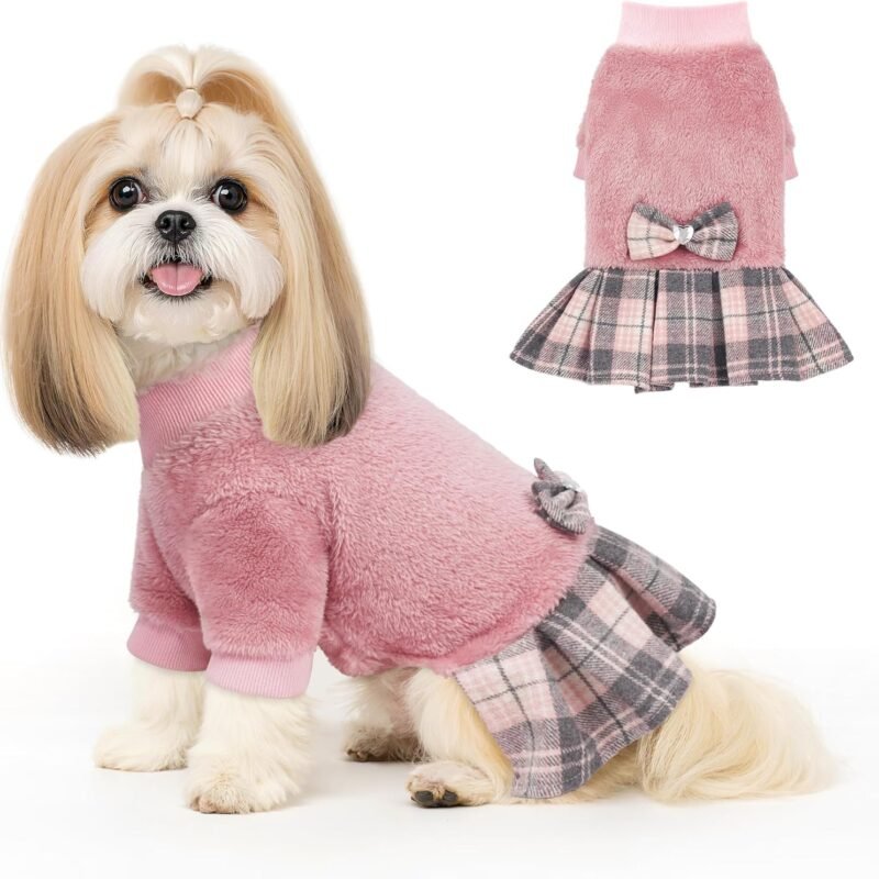 Fleece Small Dog Sweater Dress with Bowtie, Female Winter Warm Dog Clothes, Princess Sweater Dress for Small Dogs Girl (Pink, M)