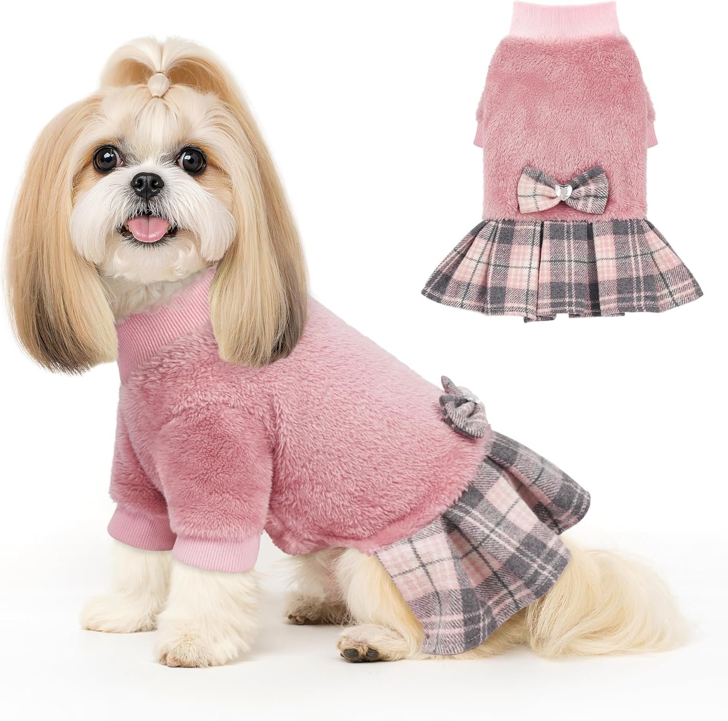 Fleece Small Dog Sweater Dress with Bowtie, Female Winter Warm Dog Clothes, Princess Sweater Dress for Small Dogs Girl (Pink, M)