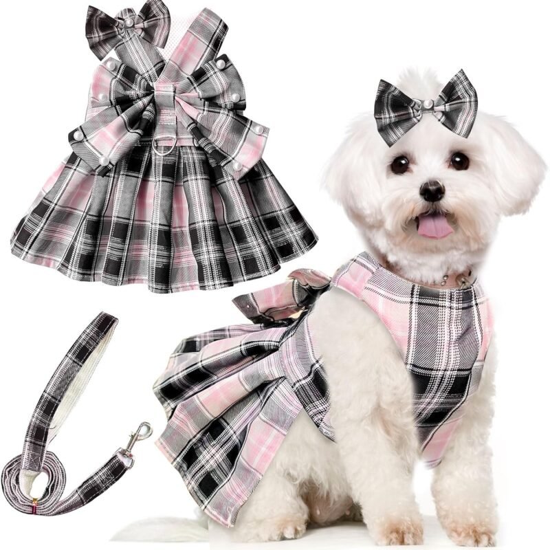 Cute Dog Dress Clothes for Small Dogs Cats Girl Female Pink Plaid Bow Tie Dog Harness Dresses Leash Set with Pearls Bow Accessories Birthday Puppy Dress Shih Tzu Yorkies Chihuahua Outfits