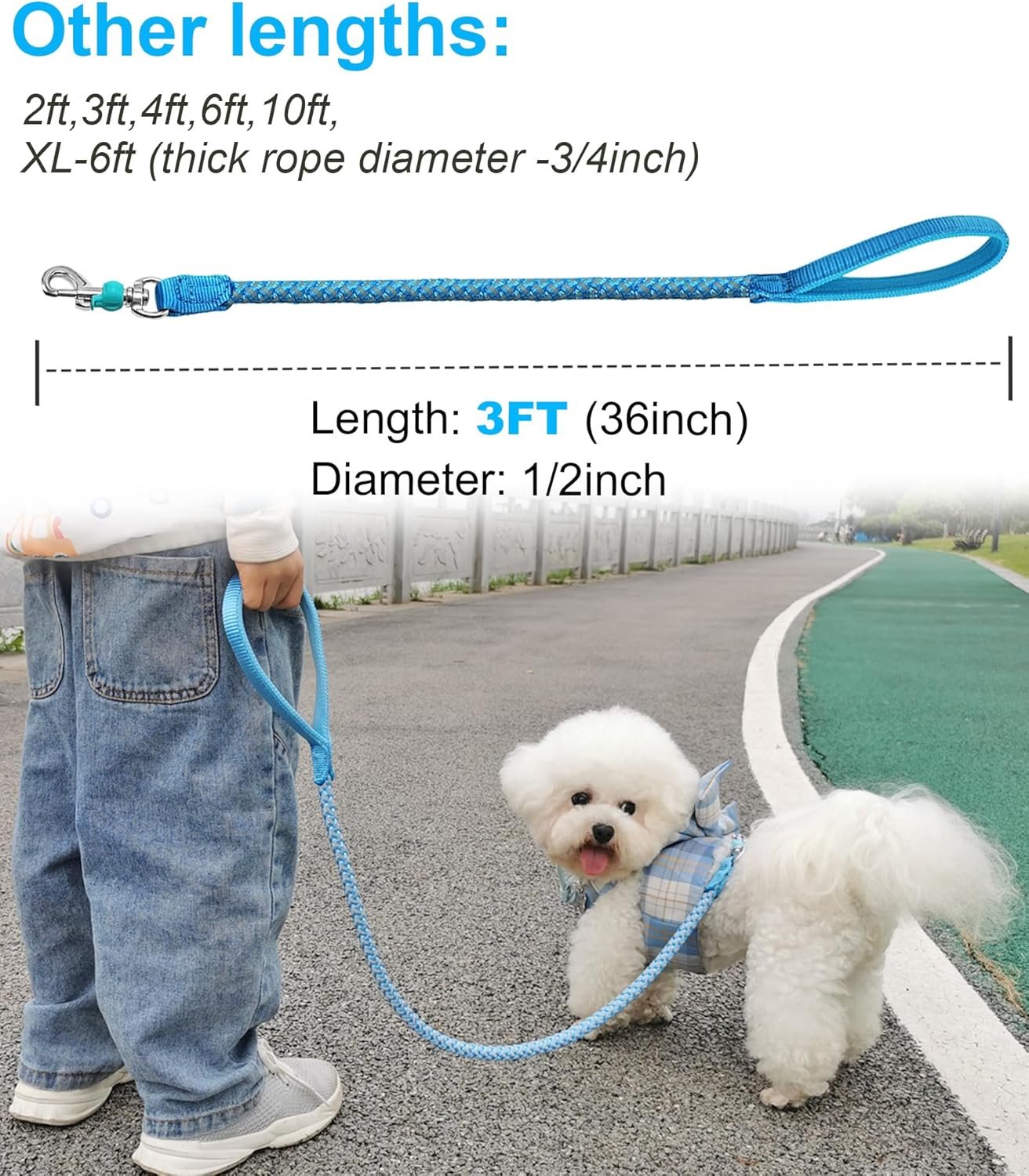 Reflective Dog Leash Strong Nylon Rope Braided Heavy Duty for Large and Medium Small Dogs Walking Training Leads (Sky Blue, 3ft * 1/2") - Image 2