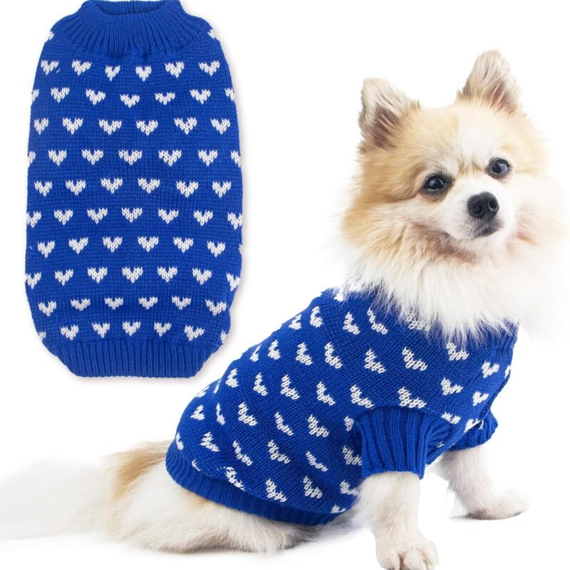 Dog Sweater Heart Puppy Sweater Warm Soft Pet Cloth Dog Outfits for Small Dogs and Cats (Blue, M)