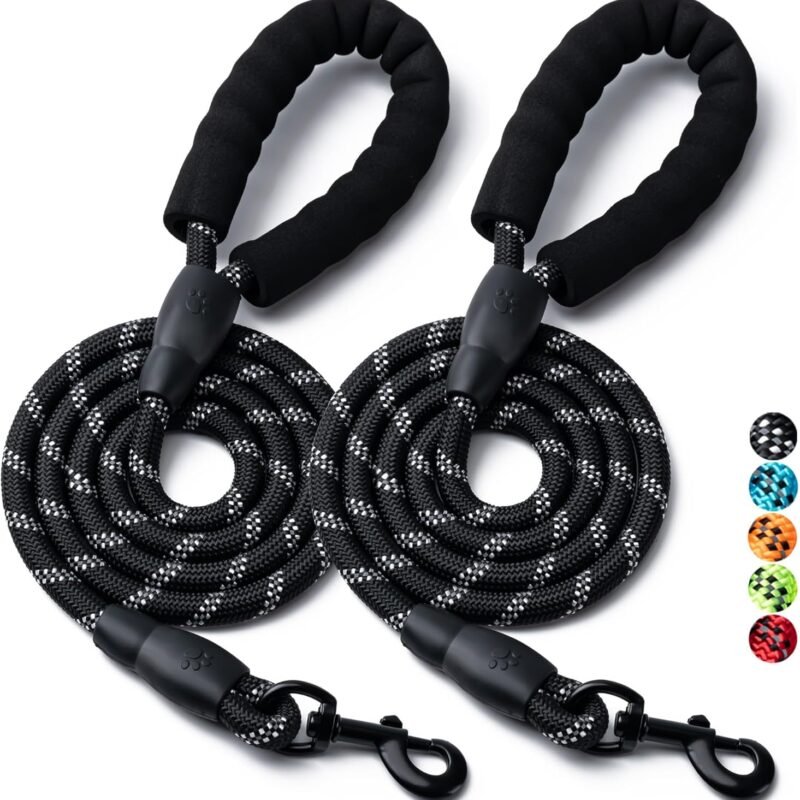 2 Pack Dog Leash,  Heavy Duty Nylon Rope Pet Leashes with Comfortable Padded Handle, Reflective Dog Leashes for Small Medium and Large Dogs (5FT-1/2,Black/Black)
